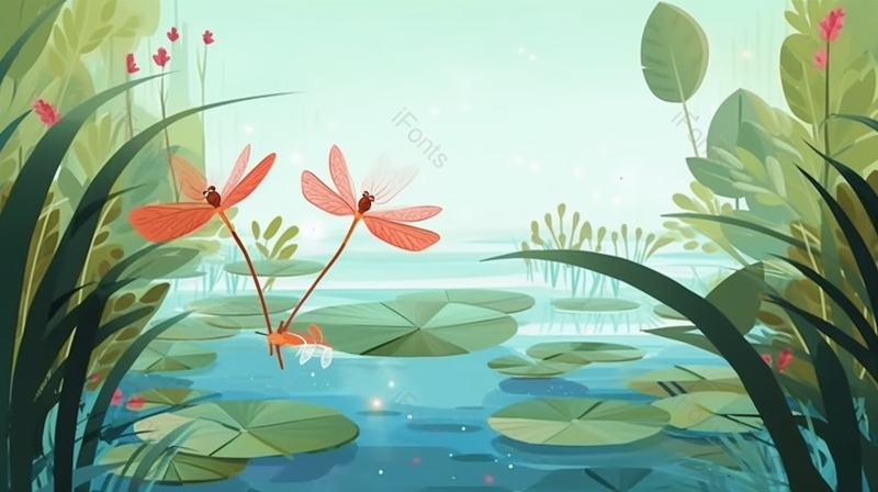 夏天绿色池塘里荷叶荷花蜻蜓生态插画背景,插画/手绘图,插画/手绘图库,插画/手绘图下载,插画/手绘